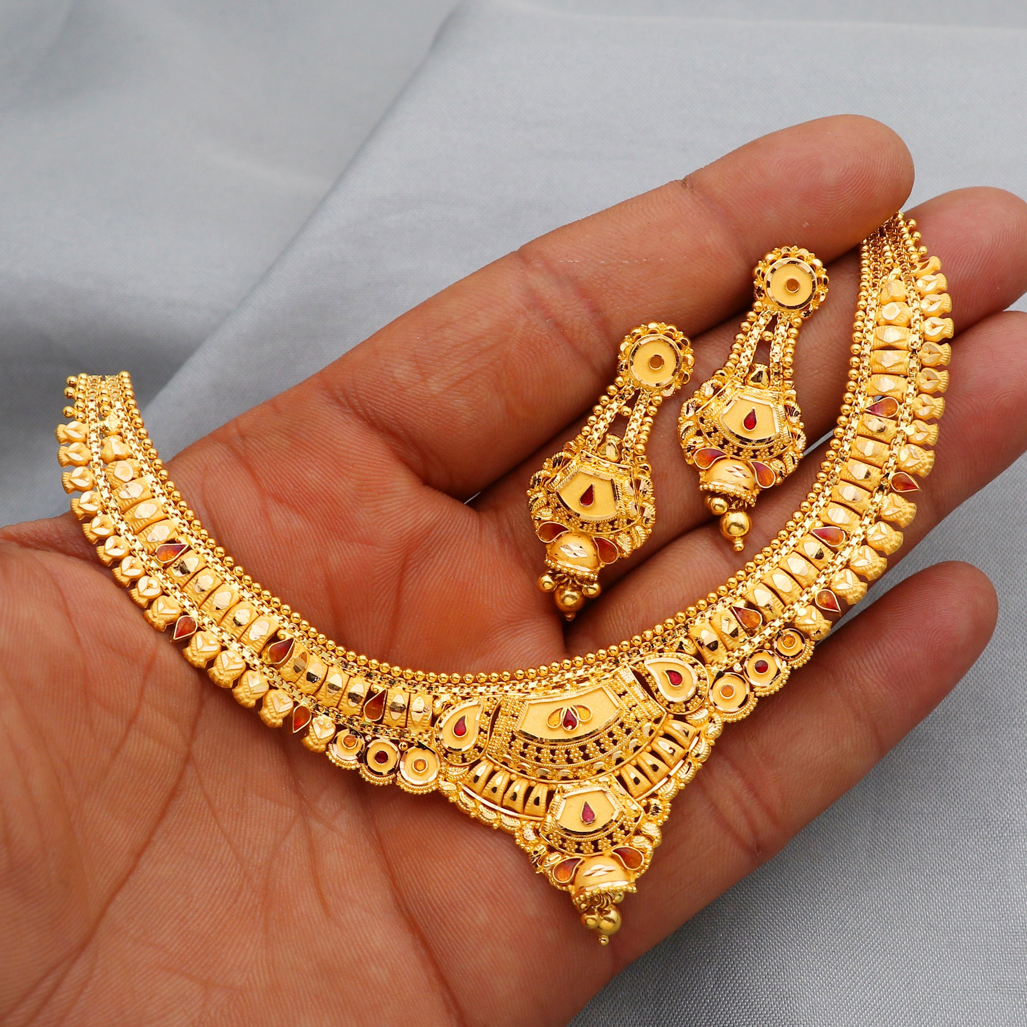 22k Yellow Gold Necklace Set Indian Gold Set Indian Gold - Etsy