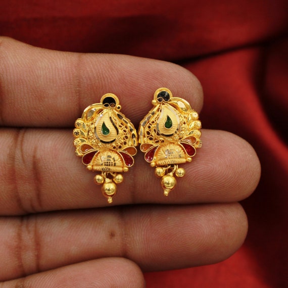 AZVA handcrafted 22kt gold earrings with vibrant stones  Gold bridal  earrings Gold earrings indian Gold earrings designs