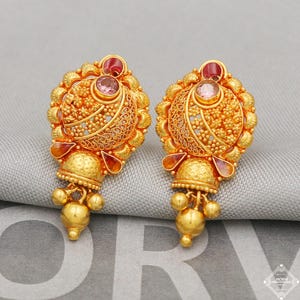 Filigree 22k Yellow Gold Earrings Handmade Indian 22kt Gold Bell Earrings Jewelry for Gift, K5125
