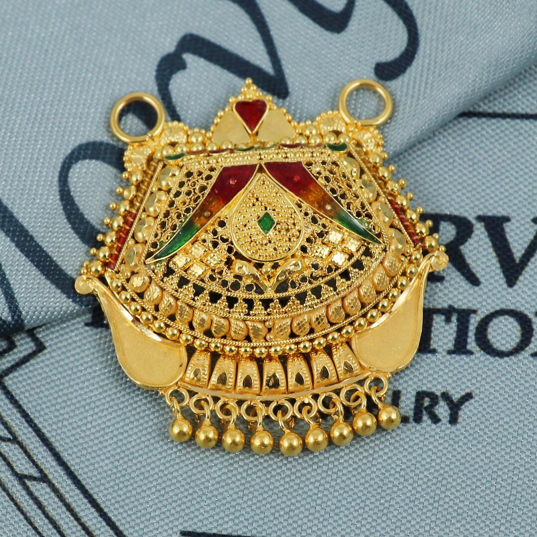 22k Yellow Gold Pendant Dangling Beads Necklace Handmade Indian