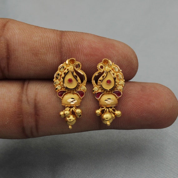 22k Yellow Gold Jhumka Earrings With Bell Handmade Yellow Gold