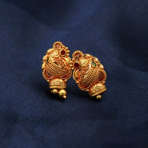 Peacock 22k Gold Stud Jhumki Earrings , Handmade Yellow gold earrings for women, vintage antique design indian gold earrings jewelry image 2