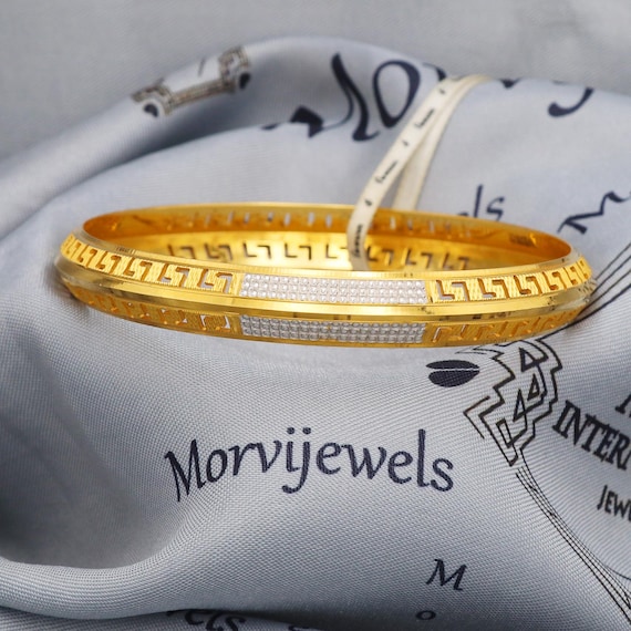 22k Gold Bangle Bracelet Greek Key Handmade Jewelry, Two Tone
