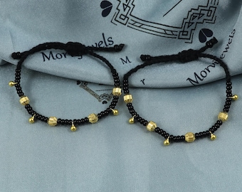 22k gold beads Handmade Black and Gold Beaded Adjustable Bracelet (pair)