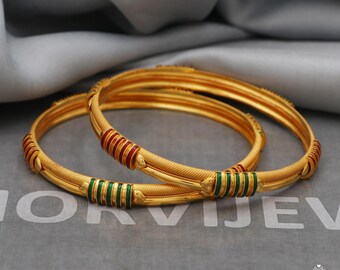 22k Solid Gold Traditional Indian Meenakari Bangle Pair, Red Green