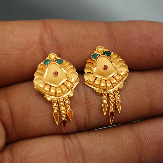 20k Gold antique tribal handmade enamel earring jewelry beautiful pair  earring india rajasthan | TRIBAL ORNAMENTS