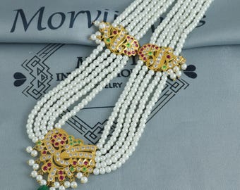 Collar de oro de 22 quilates con circonitas rojas y verdes, perla y oro, joyería india hecha a mano para regalo.