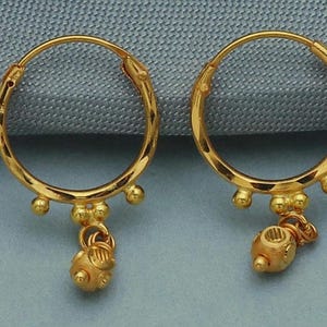Pure 20k Gold Hoop Bali Earrings, solid gold Huggies, Beads Handmade gold earrings for women, Christmas gift, dainty Indian gold earrings