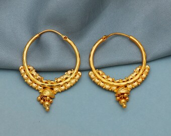 Pendientes de aro Bali de oro de 22k, Huggies, Pendientes de oro hechos a mano con cuentas para mujer, regalo de Navidad, delicados pendientes de oro indios