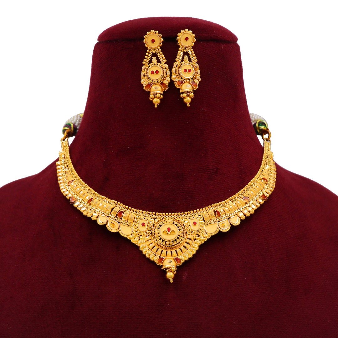 22k Yellow Gold Necklace Set, Indian Gold Set, Indian Gold Jewelry
