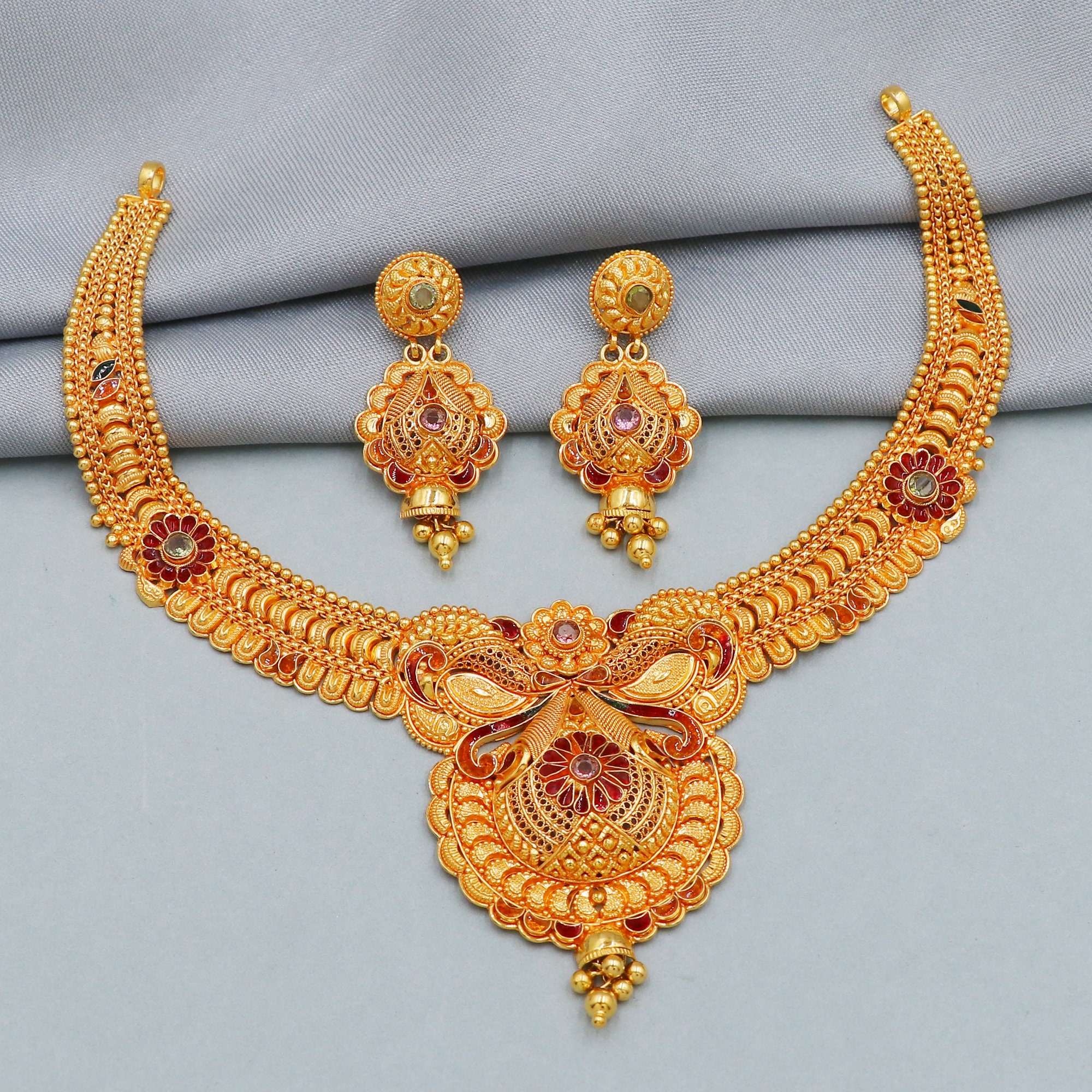 morvijewels 22K Yellow Gold Necklace Earrings Set Indian Gold Jewelry Set Handmade Gold Set Necklace Earrings Pair Jewelry from India