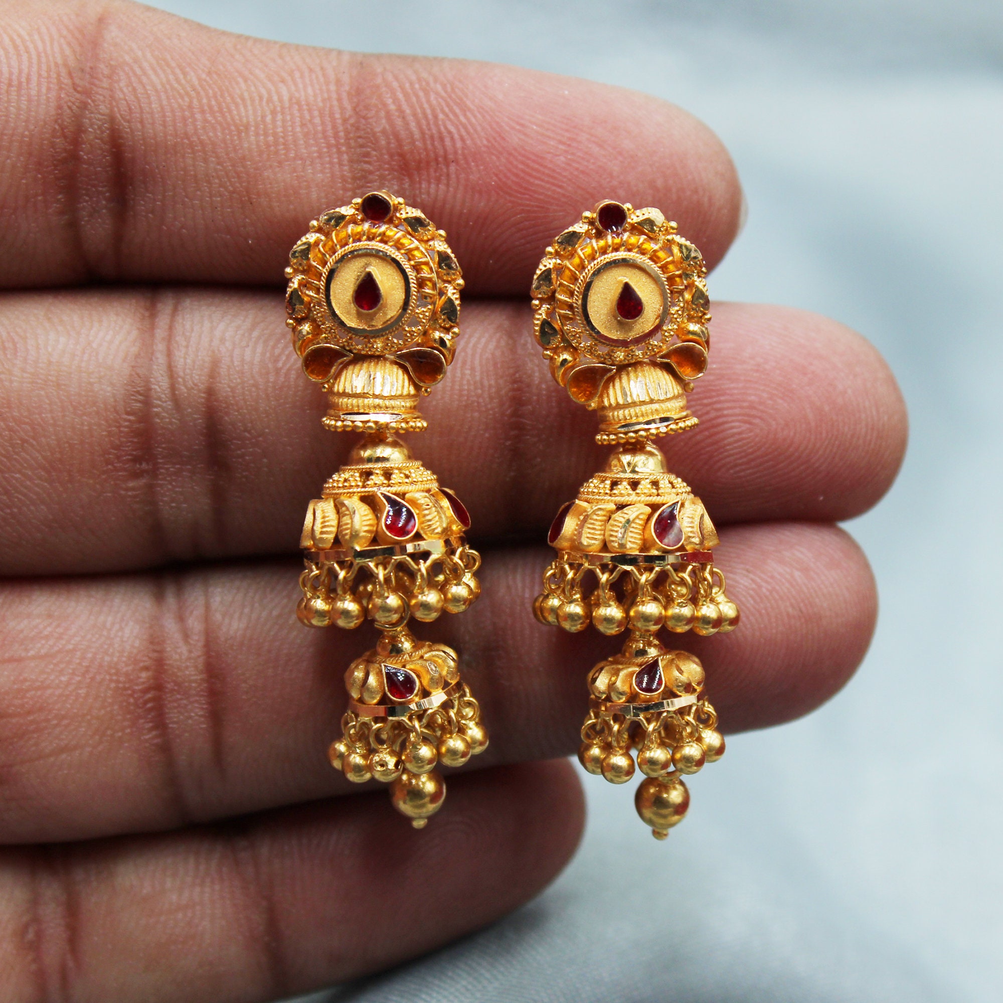 22k Gold Jhumka Earrings in Studded with Pearls handcrafted using Tra