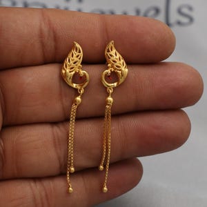 22k yellow gold earrings with dangling small chain beads, Peacock Bird earring wedding indian style Earrings, K7347