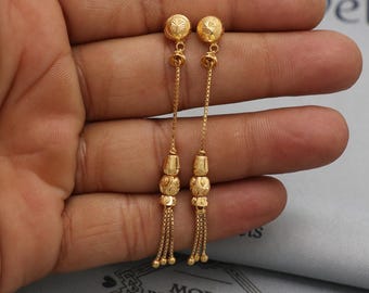 22k yellow gold earrings stud with dangling pearl chain, handmade engraved design wedding indian style chandelier Earrings, K7277