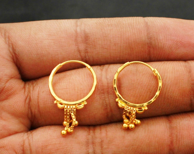 Pure 22k Yellow Gold Hoop Bali Earrings ,huggies , Handmade Yellow Gold