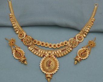 Juego de collar y aretes de oro amarillo de 22 k para regalo, todos los tamaños, 22 k quilates, 22 kt, oro indio de 22 ct, collar de boda hecho a mano, joyería india para regalo.