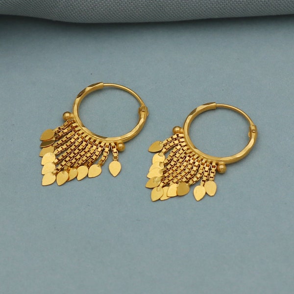Pure 20k Yellow Gold Hoop Bali Earrings , Handmade Yellow gold chain earrings for women, mother Day gift, dainty indian gold earrings gift