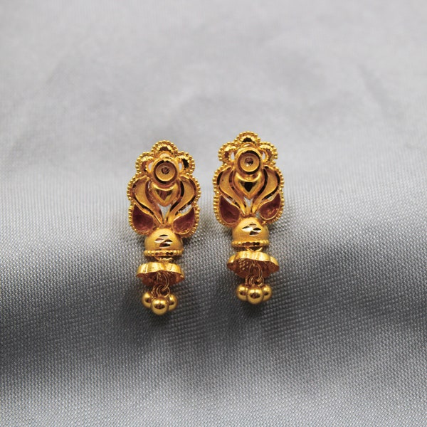 22k Gold Earrings rajasthani , Handmade Yellow gold meena earrings for women, vintage antique design indian gold earrings jewelry