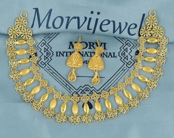 Juego de collar y pendientes de oro amarillo de 22 k para regalo, collar de boda hecho a mano en oro indio de 22 k y 22 quilates, joyería india para regalo.
