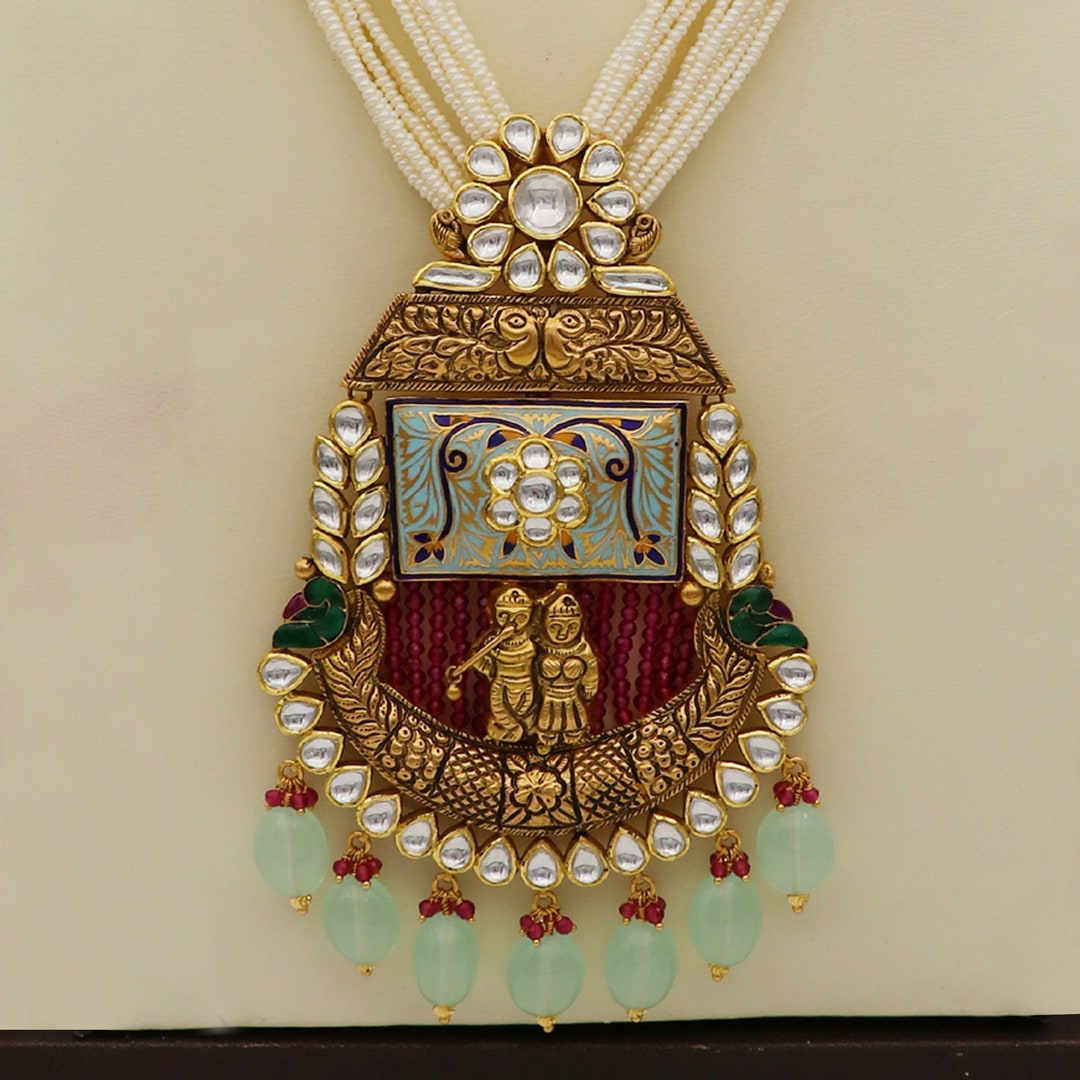 Radha Krishna Necklace 22k Gold Jadau Necklace Set, Indian Wedding