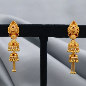 22k Gold dangle Earrings jhumki chandelier , Genuine 22kt Gold Earrings,  Handmade Gold Earrings , Indian Handmade Earrings for Gift