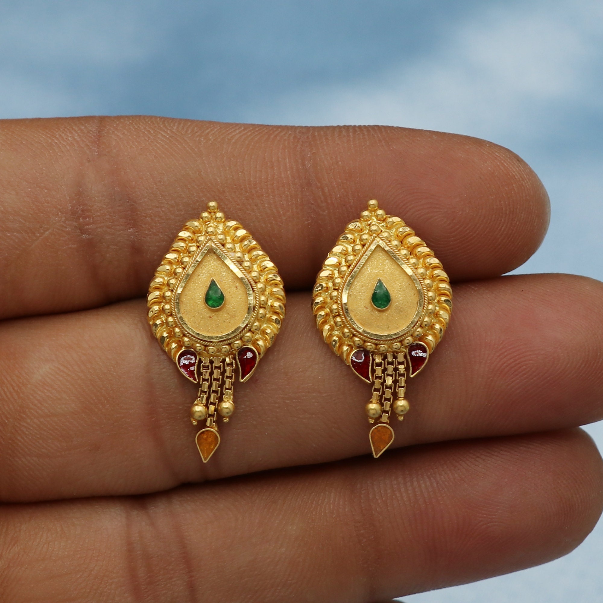AZVA 22kt gold earrings with sculptural intricacies  Gold earrings designs  Bridal gold jewellery designs Gold bridal earrings