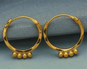 20k Yellow Gold Hoop Bali Earrings, Huggies, Beads Handmade gold earrings for women, Christmas gift, dainty Indian gold earrings 20k Yellow Gold Hoop Bali Earrings, Huggies, Beads Handmade gold earrings for women, Christmas gift, dainty Indian gold earrings