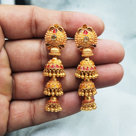 Jhumka Earring Antique Gold Plated Flower Design Jhumkis 1.5 inches