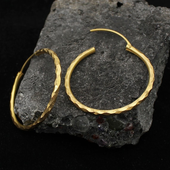22k Yellow Gold Hoop Bali Earrings Handmade Big Yellow Gold