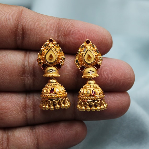 22k Yellow Gold Earrings Meenakari Jhumki Earring Indian Jewelry
