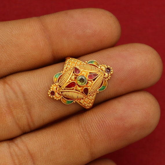 Graceful Multicoloured Jadau Ring in 22ct Gold GLR 059