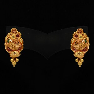Peacock 22k Gold Stud Jhumki Earrings , Handmade Yellow gold earrings for women, vintage antique design indian gold earrings jewelry image 3