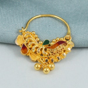 Aro para la nariz de oro amarillo de 22 k Nath, aretes grandes de oro amarillo hechos a mano para mujer, aretes de oro indio de diseño antiguo vintage