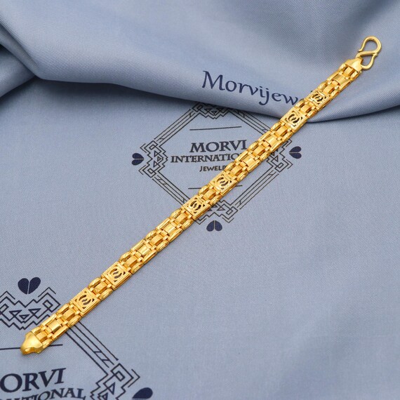 22k Solid Gold Geometric Panel Link Bracelet, Textured Watch Band