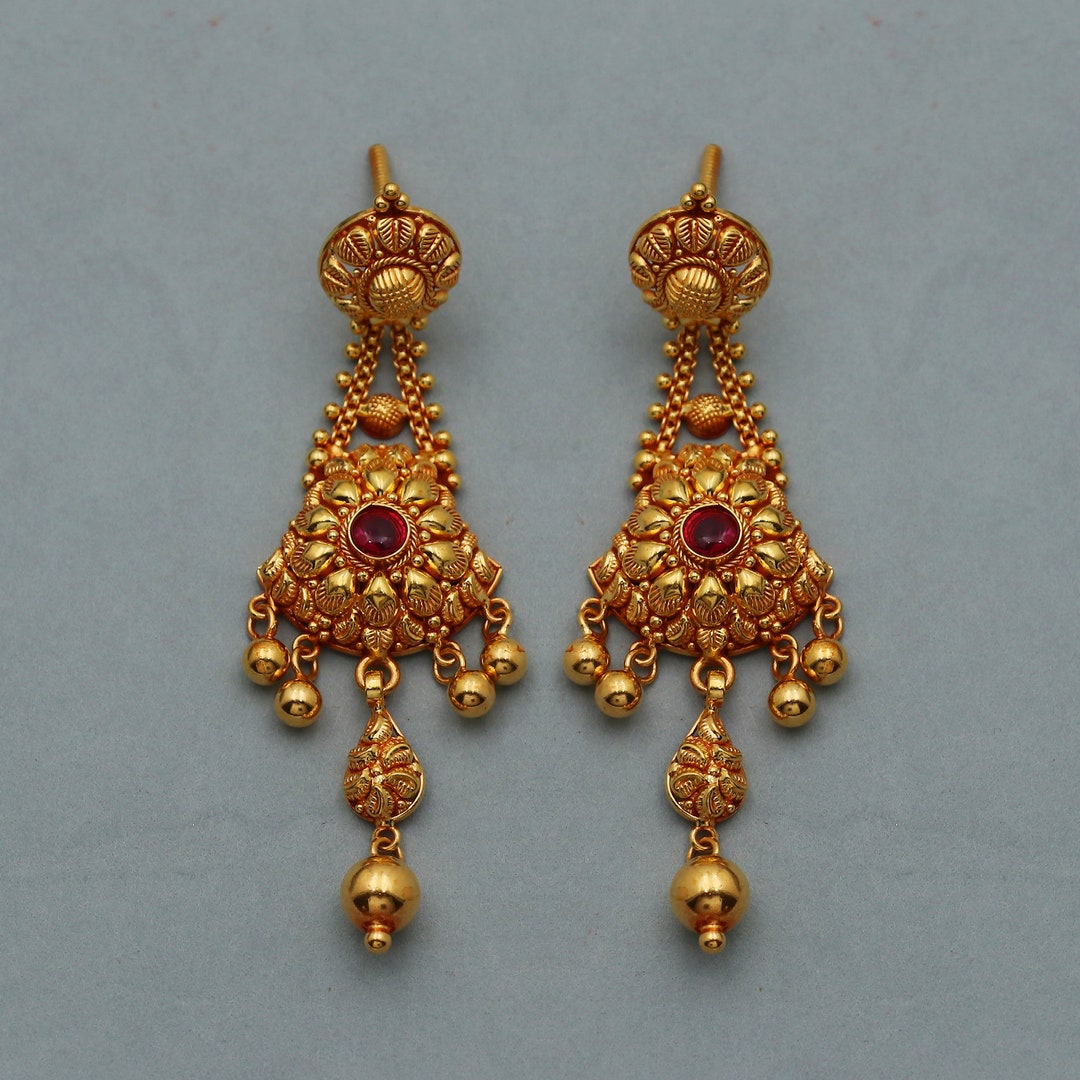 22k Yellow Gold Earrings Indian Dangle Earrings Indian Gold Etsy