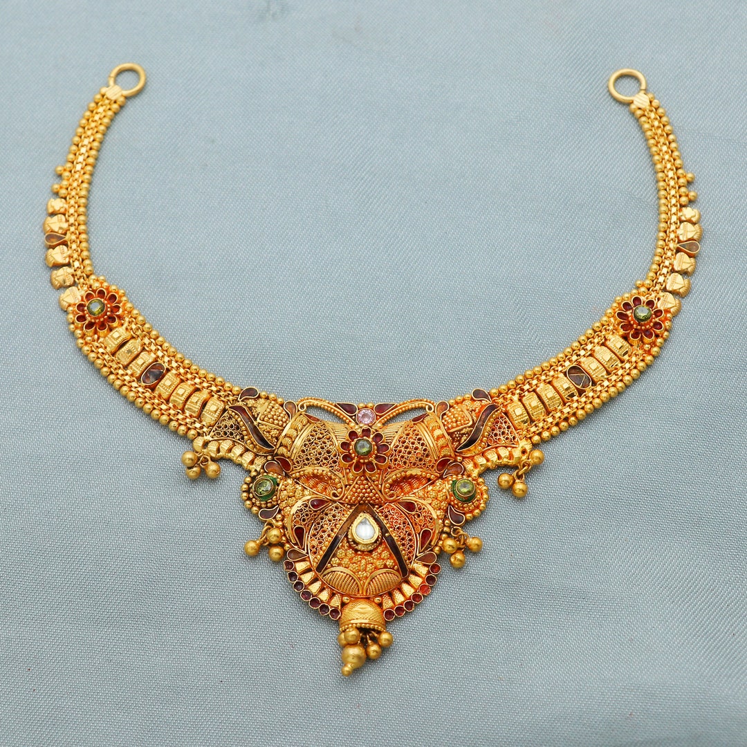 22k Yellow Gold Necklace Set, Indian Gold Set, Indian Gold Jewelry, Traditional Rajasthani Pure