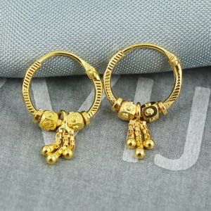 22k Gold Hoop Earrings with Bead | Small Indian Bali Hoops | Lightweight Pure Gold Earrings for Women, K5401