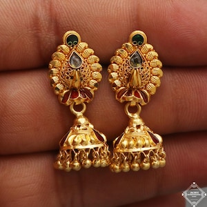 women 22k 22 karat Gold Earrings Jhumki jewelry , handmade vintage Pure Traditional wedding indian style Dangle Jhumki Earrings , K5259