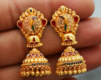 22k Yellow Gold Earrings Chandelier Jhumka jewelry ,handmade vintage Pure Traditional wedding indian style WEDDING Dangle Jhumki Earrings