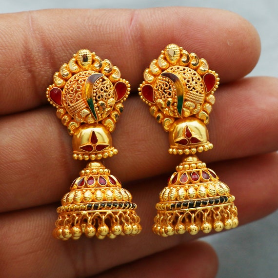 22k Gold Stud Earrings With Dangling Handmade Yellow Gold 