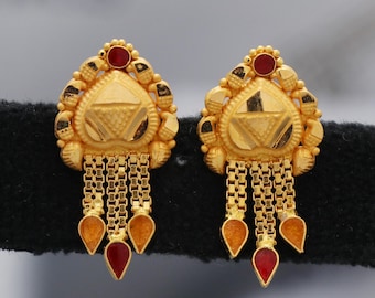 Orecchini A Perno In Oro 22 Carati, Design Indiano Asiatico, Senza Pietra, Chiusura A Farfalla