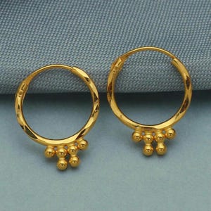 20k Yellow Gold Hoop Bali Earrings, Huggies, Beads Handmade gold earrings for women, Christmas gift, dainty Indian gold earrings