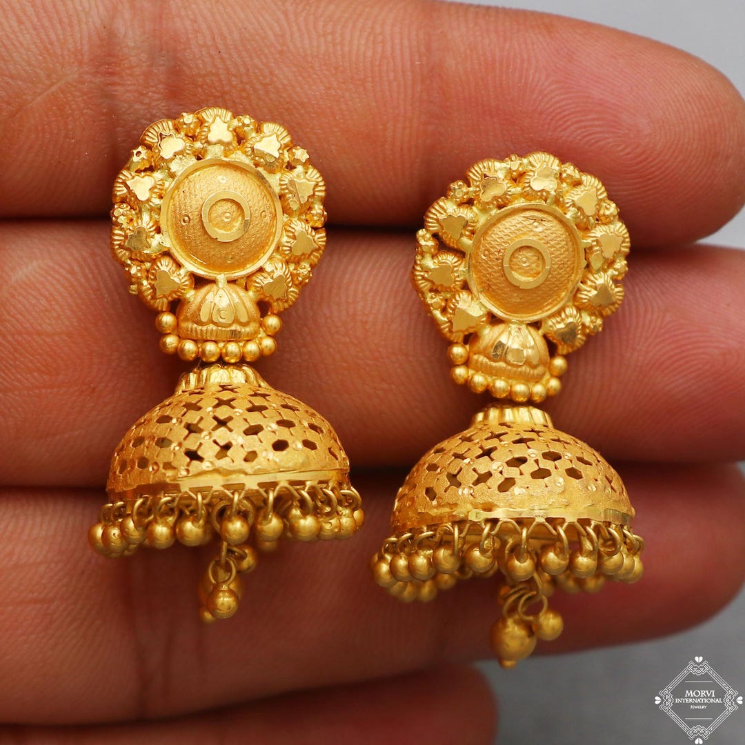 22k Yellow Gold Earrings Jhumka Jewelry Handmade Vintage Pure