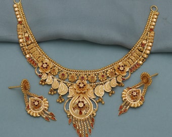 Conjunto de collar y pendientes de oro amarillo de 22k, regalo, todos los tamaños, collar de boda indio hecho a mano de oro de 22k 22kt 22ct, joyería india para regalo,