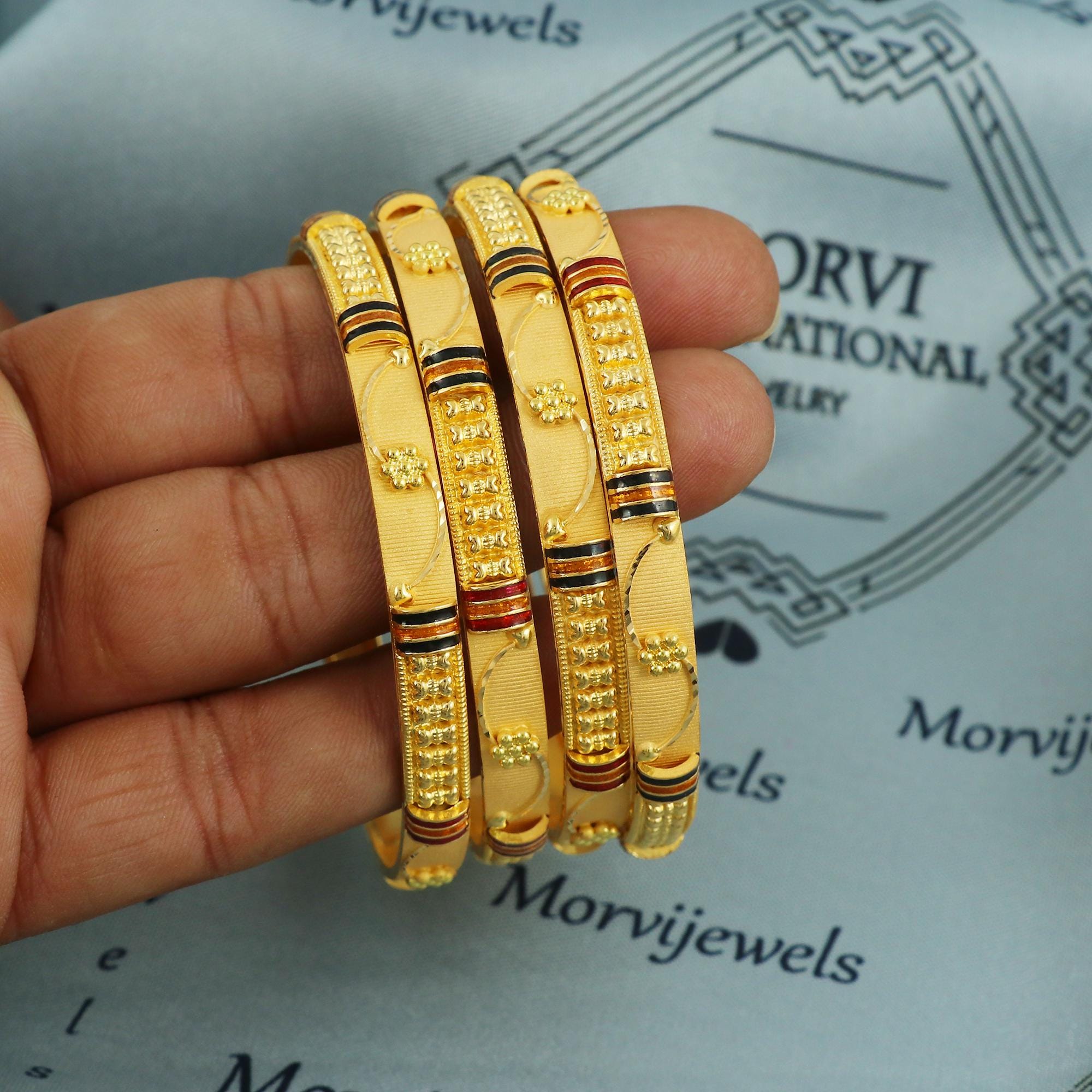 22k Solid Gold Bangle Set of 4, Handmade Indian Floral Meenakari