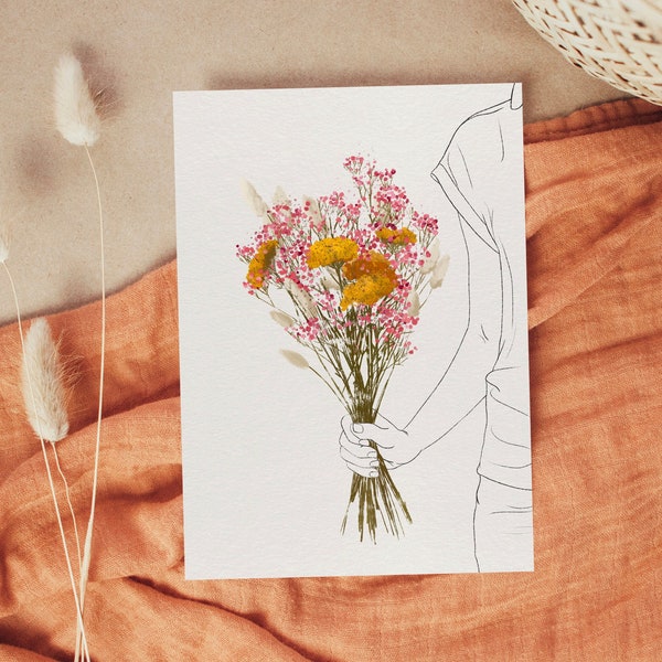 Boho Floral Bouquet | Pink & Mustard Flowers w/Bunny Tails | Digital Wall Art | Printable Artwork | Bohemian, Country, Farmhouse Decor