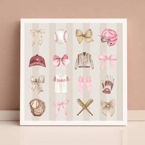 May include: A watercolour illustration featuring baseball equipment and bows in pink, beige, and brown hues, set against a striped backdrop. The image includes a baseball, helmet, cap, jersey, glove, and bats, framed in white.