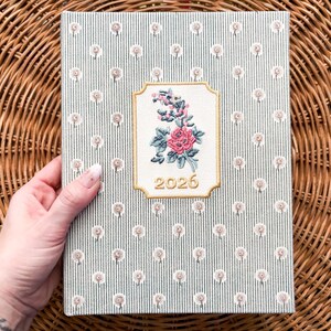Fabric Decorative Planner 2026 Day Organizer Monthly Calendar Spiral Notebook Embroidery Floral Vintage Striped 12 Month Weekly Agenda