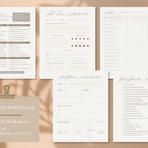 Lista de verificación digital de 5 páginas para el autocuidado diario Salud mental Hoja de trabajo para diario de mujeres Reflexión Gratitud Rastreador semanal de bienestar Afirmaciones