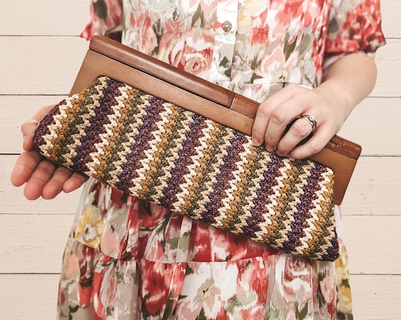 Vintage Clutch Bag Wood Handle Crochet Purse Boho Accessory